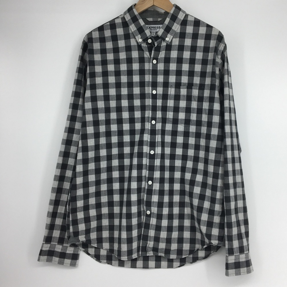 Express Men Black Checked Plaid Button Up Shirt - image 3